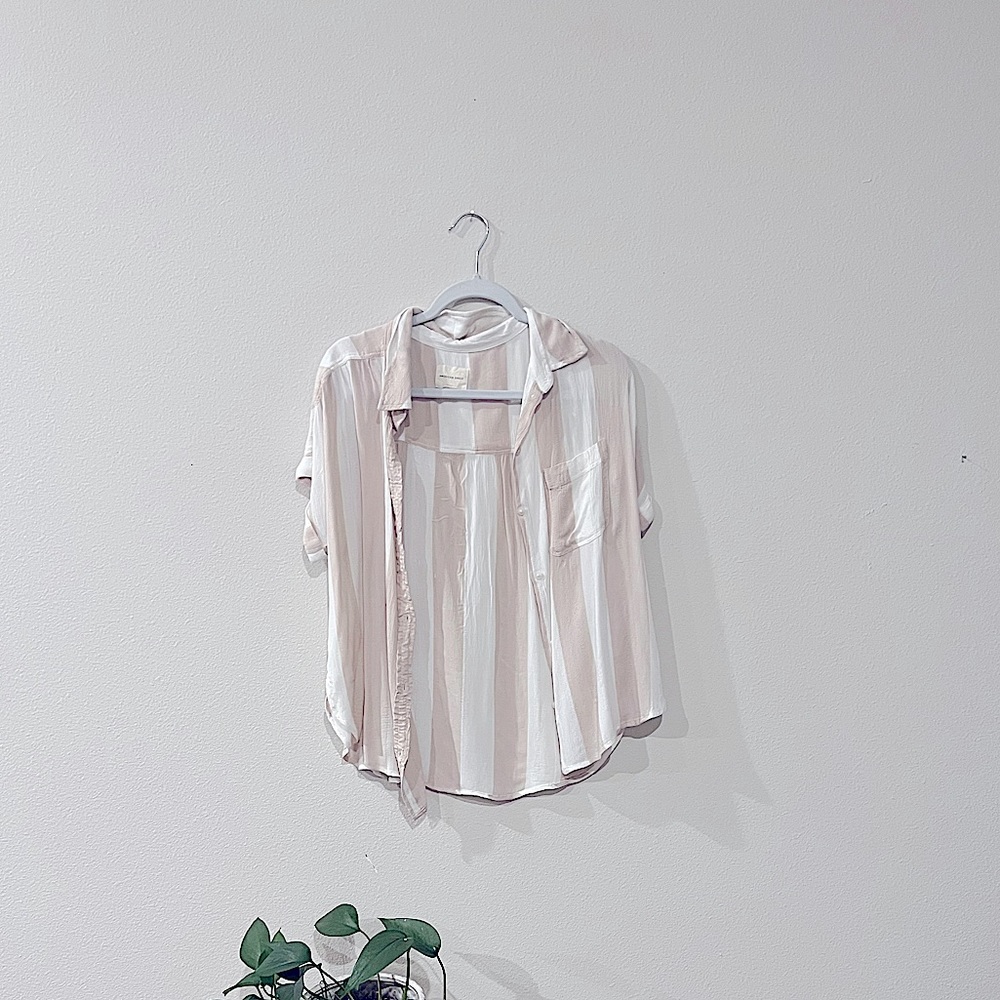 Tan and white vertical striped button down blouse American eagle